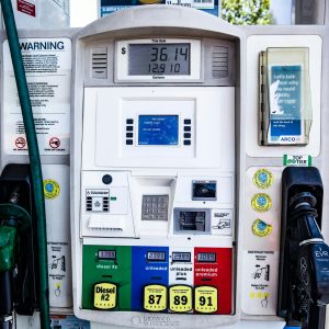 Close-up of a fuel pump showing gasoline and diesel options at a gas station in Los Angeles.